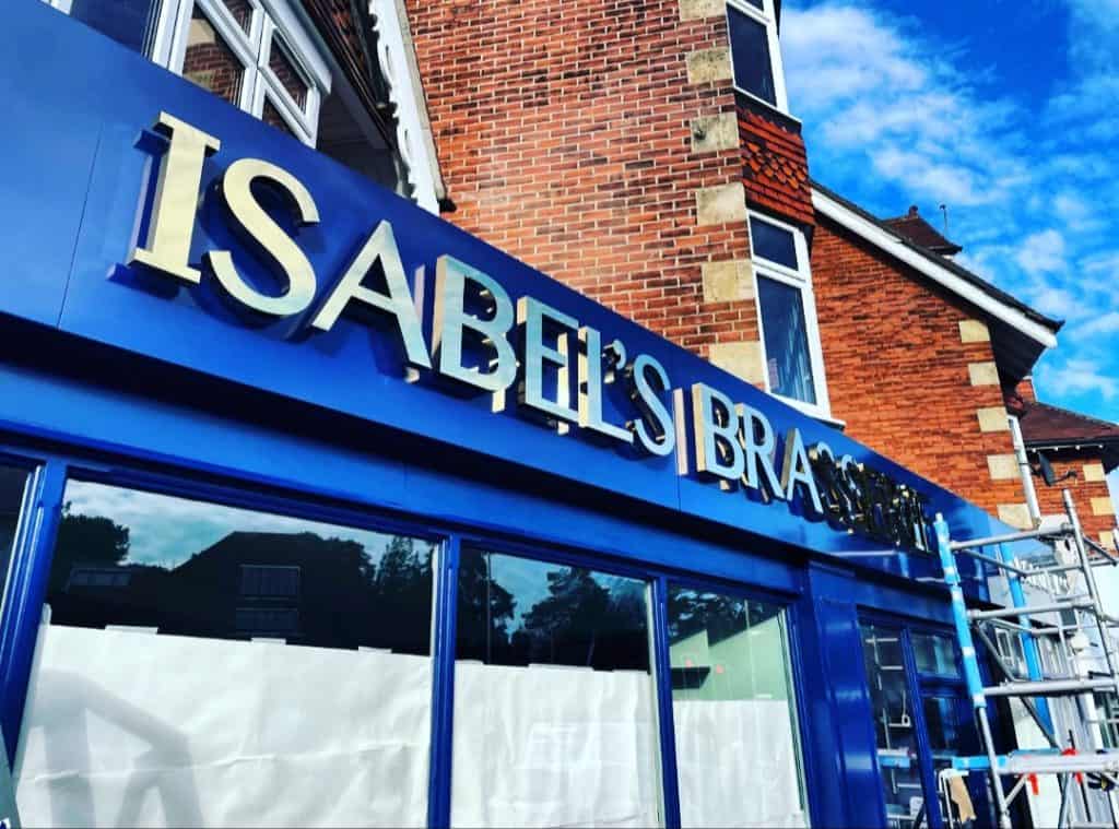 Isabels-Brasserie-3D-Built-Up-Letters-Mirror-Gold-Finish-Halo-Illumination-Signs-Express-Bournemouth
